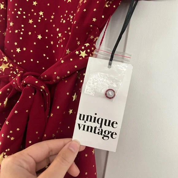 Unique Vintage Red and Gold Starry Midi Dress - Picture 2 of 9